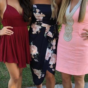 Navy and pink floral strapless dress